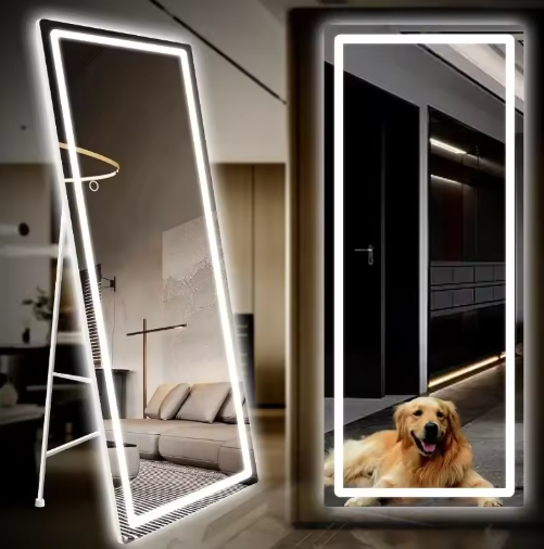 LED Full-Length Mirror – Dimmable, 3 Colors, Sleek Aluminum Frame
